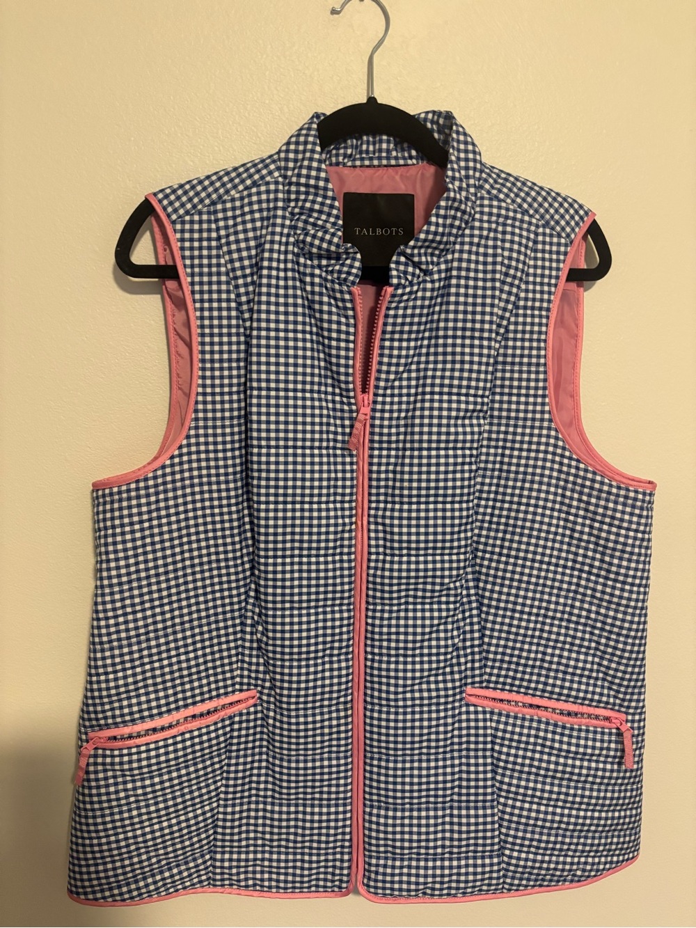 Talbots Blue Gingham Quilted Vest with Pink Trim